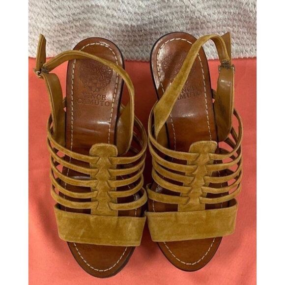Vince Camuto Brown Strap Sandals With Wood Type Wedge Heels Size 9 - Picture 2 of 7